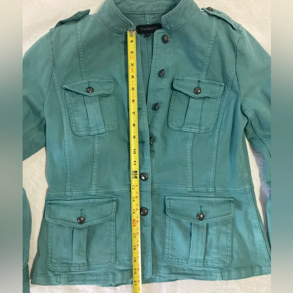 SOLD…Talbots Jacket Jean Jacket Teal Denim Military-Inspired Style, Size Small - Picture 7 of 16